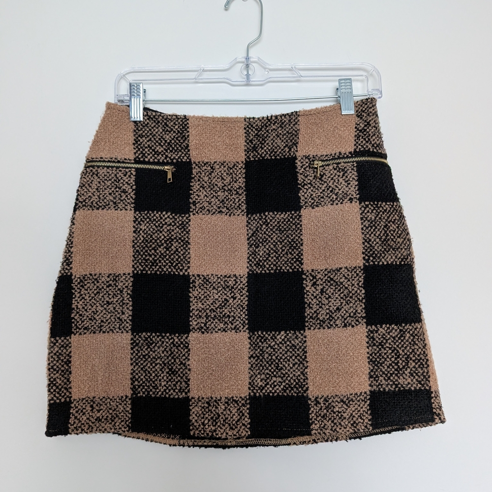 Plaid Black and Tan Wool Blend Mini Skirt